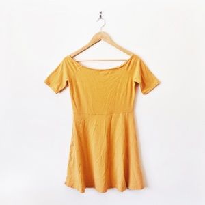 off the shoulder mustard yellow skater dress